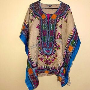 Colorful Tribal Print Aztec Boho Embroidered Poncho